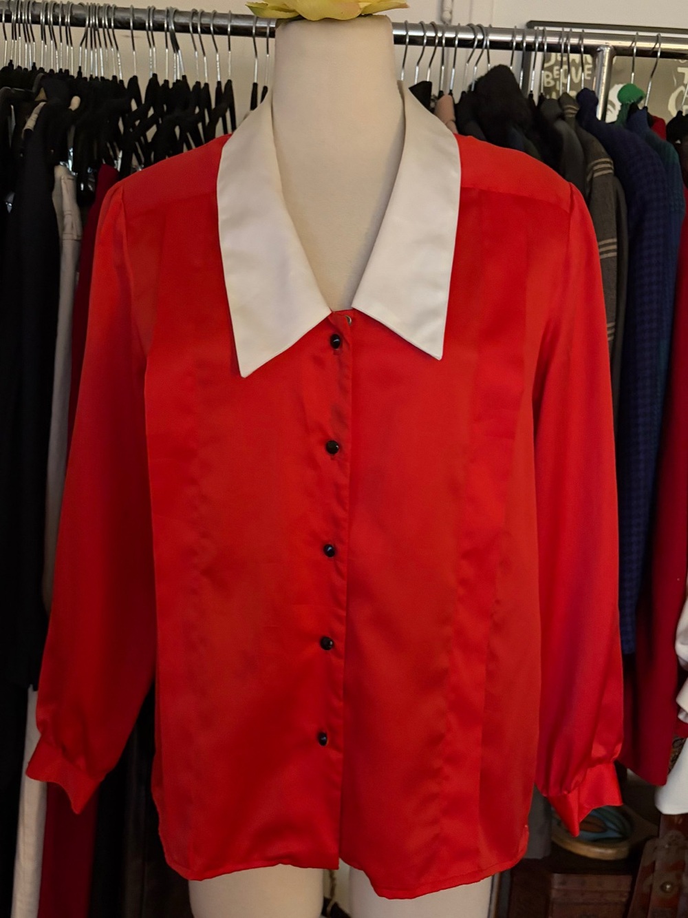 VTG Oscar de la Renta Expressions Red Colorblock Blouse White Collar